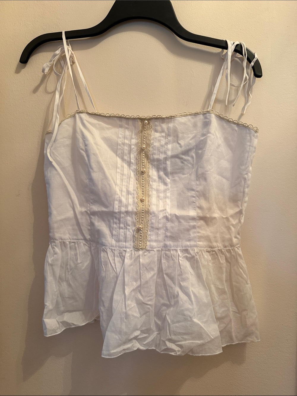 New Robert RodriguezWhite Lace-Trim Tie-Shoulder Peplum Cami Top size 6